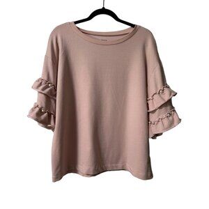 Ruffled Pearl Accent 3/4 Sleeve Blush Blouse‎ Large Ana A New Approach Large